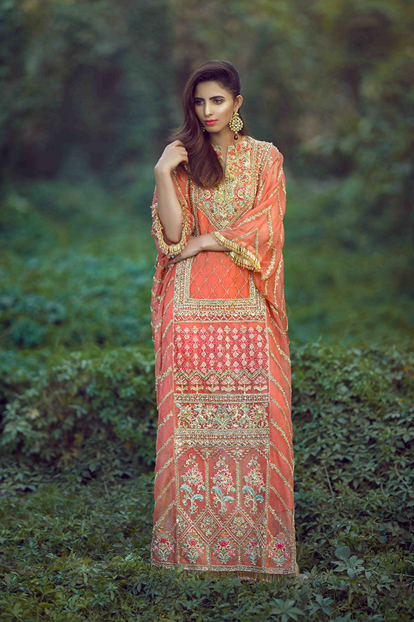 Pakistani Coral Pink Hand Embellished Organza Kaftan (1-Pc) - Image 1