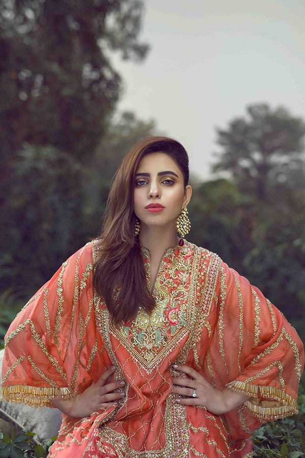 Pakistani Coral Pink Hand Embellished Organza Kaftan (1-Pc) - Image 3