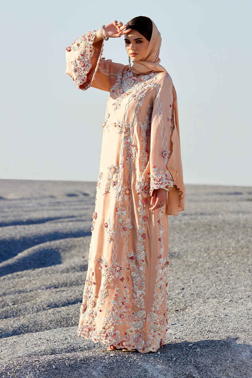 Peach 3D Floral Raw Silk Kaftan (2-Piece) - Image 1