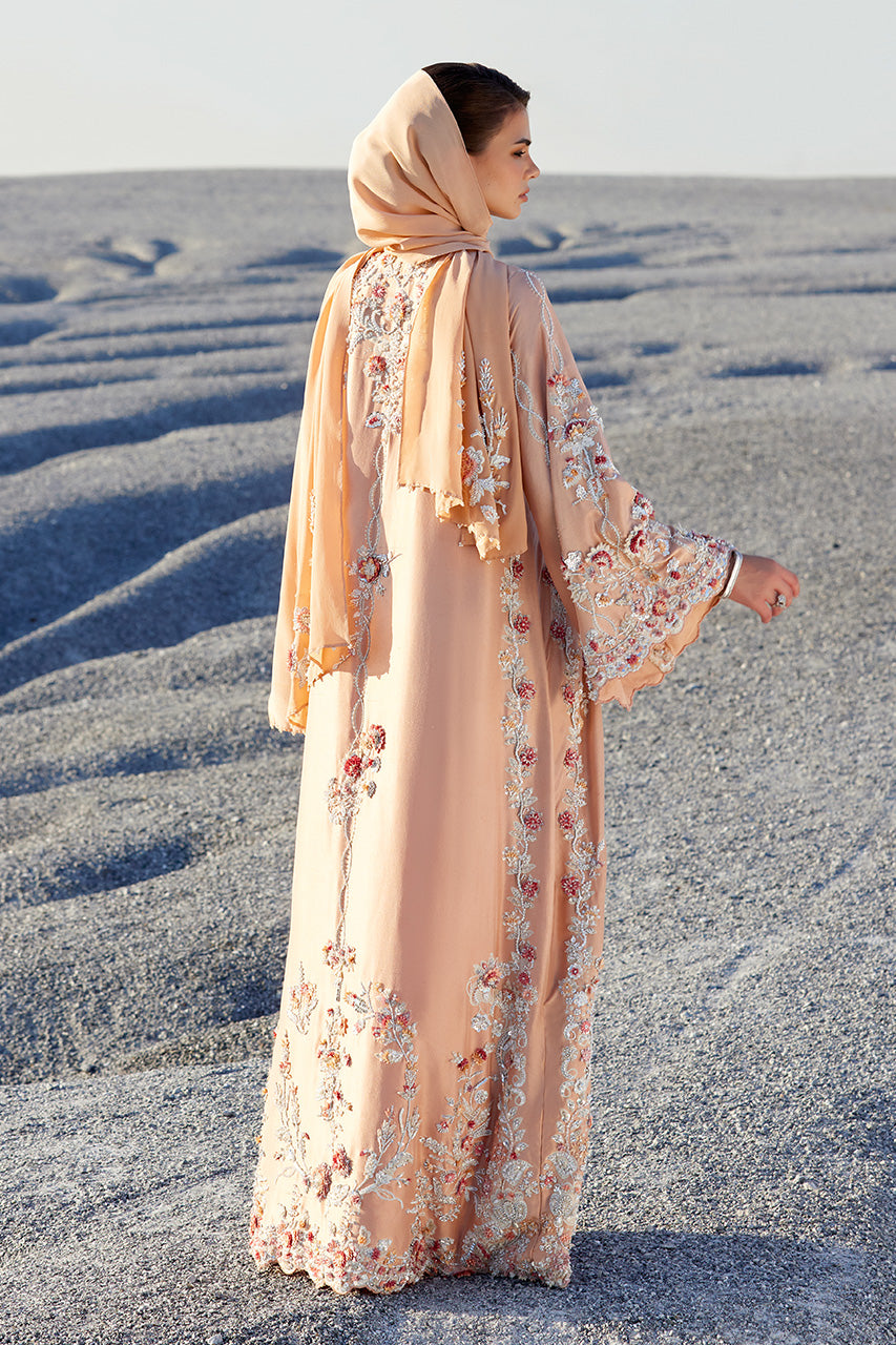 Peach 3D Floral Raw Silk Kaftan (2-Piece) - Image 2
