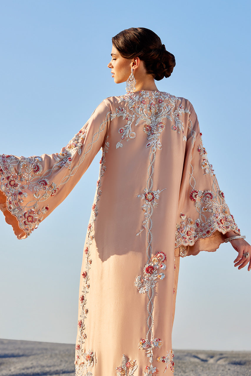Peach 3D Floral Raw Silk Kaftan (2-Piece) - Image 3