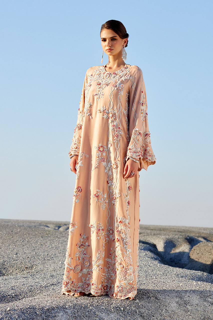 Peach 3D Floral Raw Silk Kaftan (2-Piece) - Image 4