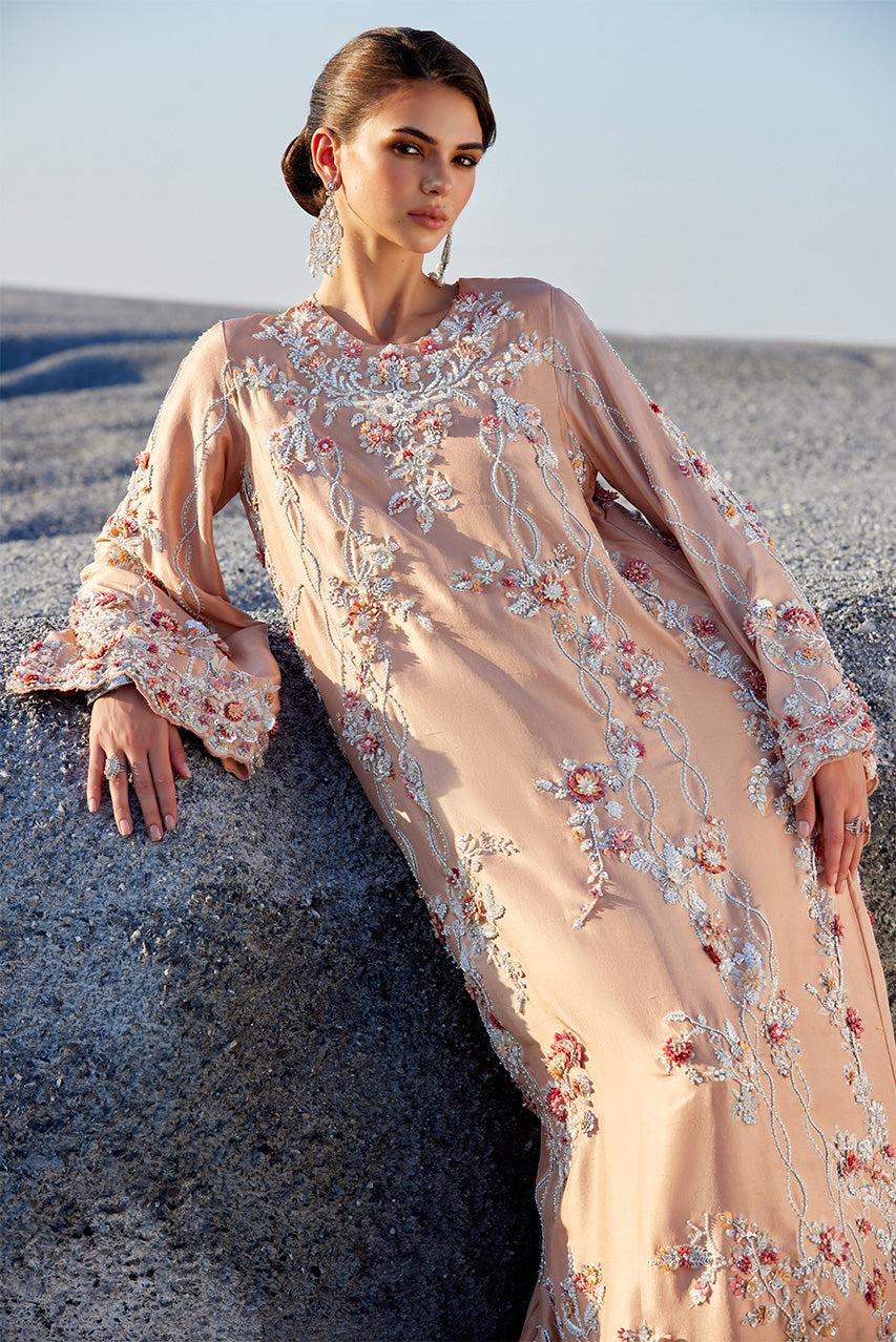 Peach 3D Floral Raw Silk Kaftan (2-Piece) - Image 5