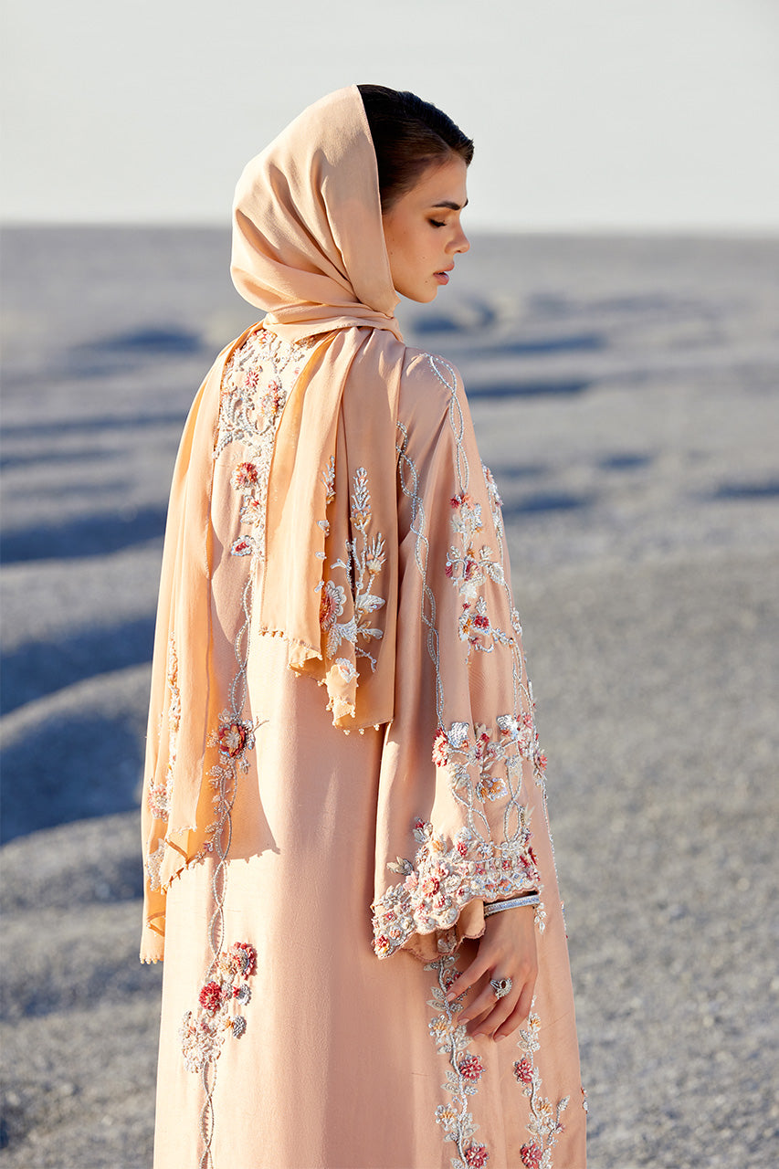 Peach 3D Floral Raw Silk Kaftan (2-Piece) - Image 6