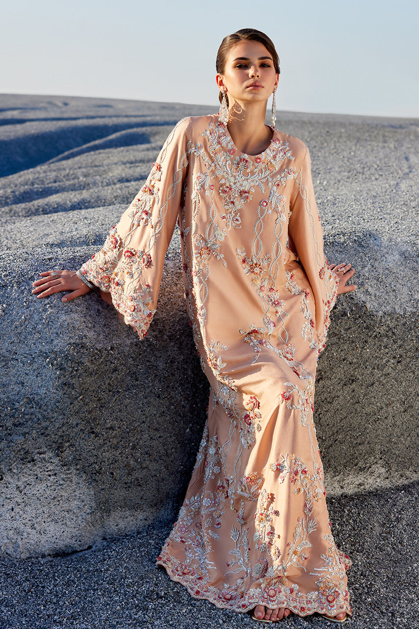 Peach 3D Floral Raw Silk Kaftan (2-Piece) - Image 7