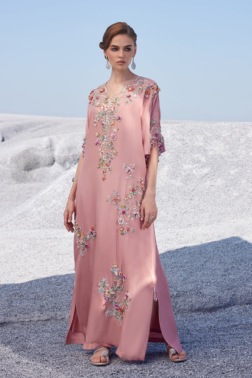 Pakistani Blush Pink 3D Handworked Raw Silk Kaftan (1-Pc) - Image 1