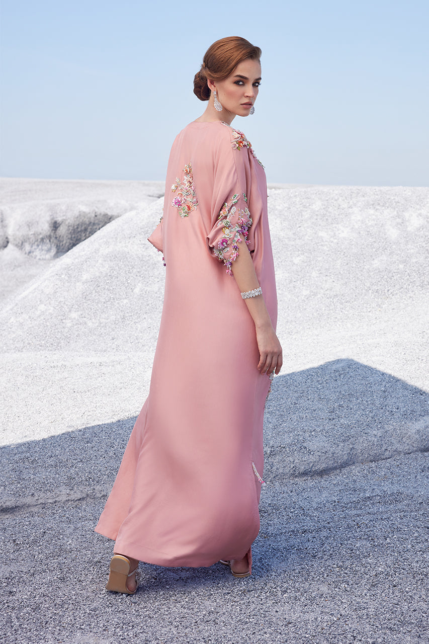 Pakistani Blush Pink 3D Handworked Raw Silk Kaftan (1-Pc) - Image 2