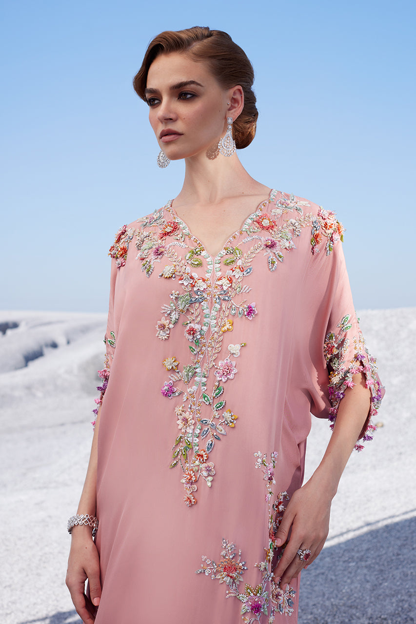 Pakistani Blush Pink 3D Handworked Raw Silk Kaftan (1-Pc) - Image 3