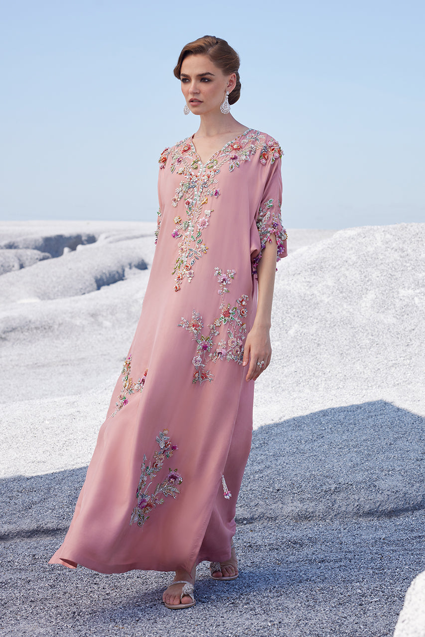 Pakistani Blush Pink 3D Handworked Raw Silk Kaftan (1-Pc) - Image 4