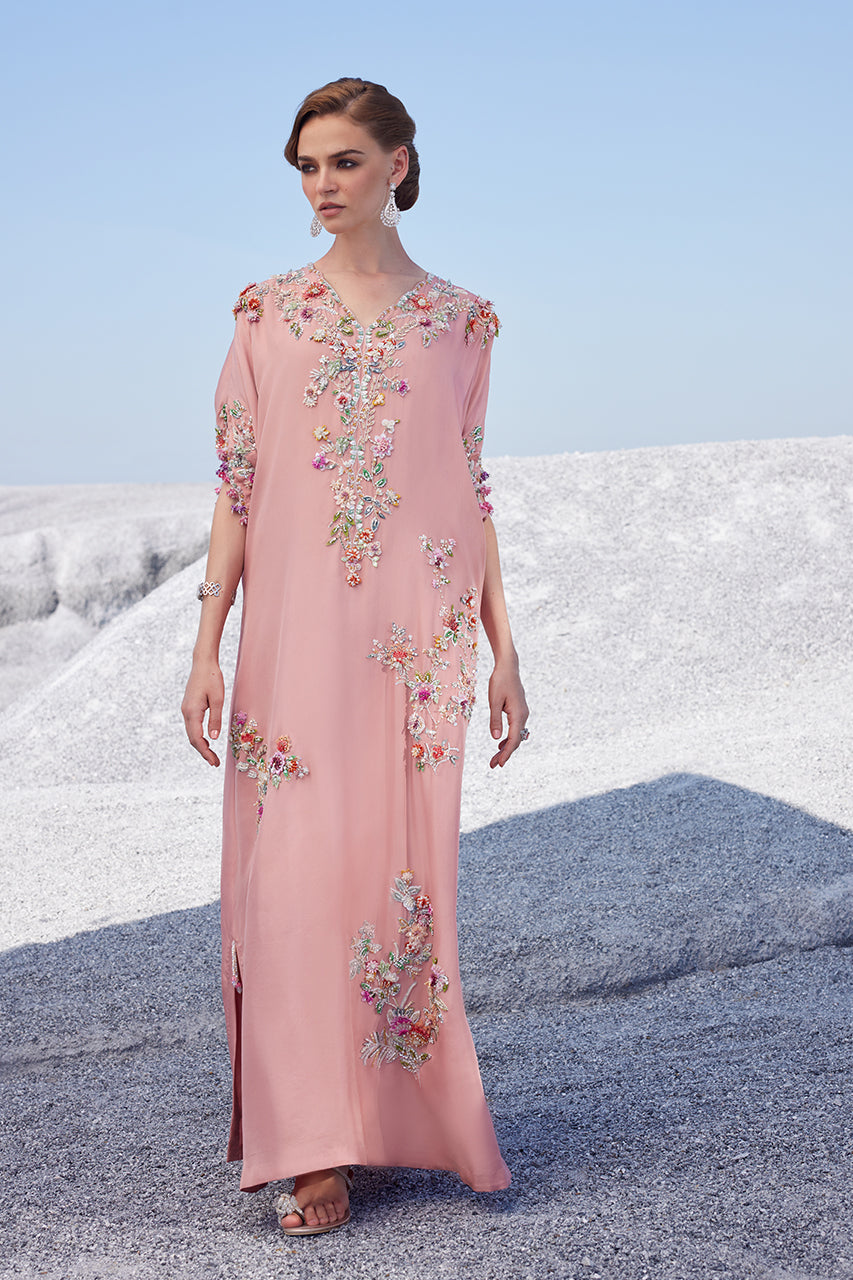 Pakistani Blush Pink 3D Handworked Raw Silk Kaftan (1-Pc) - Image 5