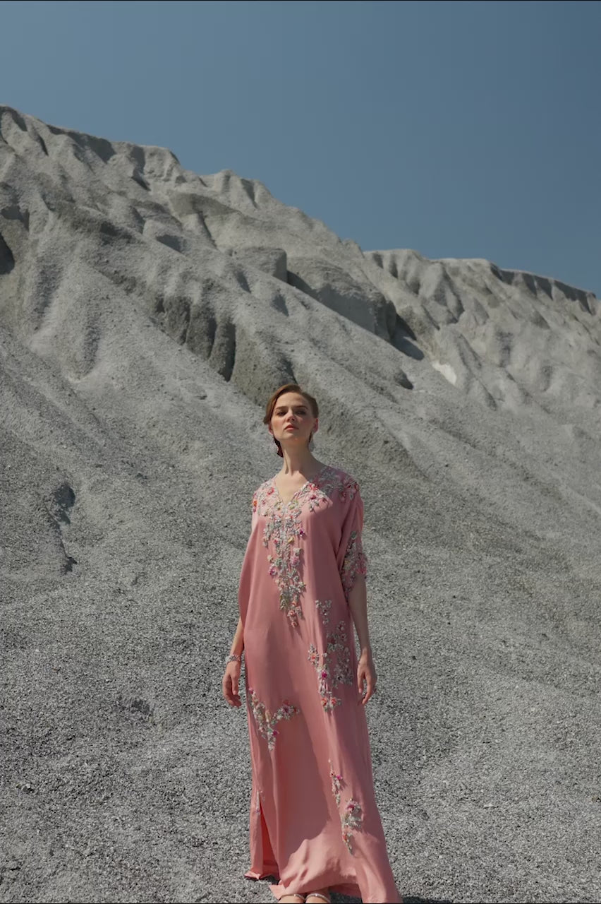 Pakistani Blush Pink 3D Handworked Raw Silk Kaftan (1-Pc) - Image 7