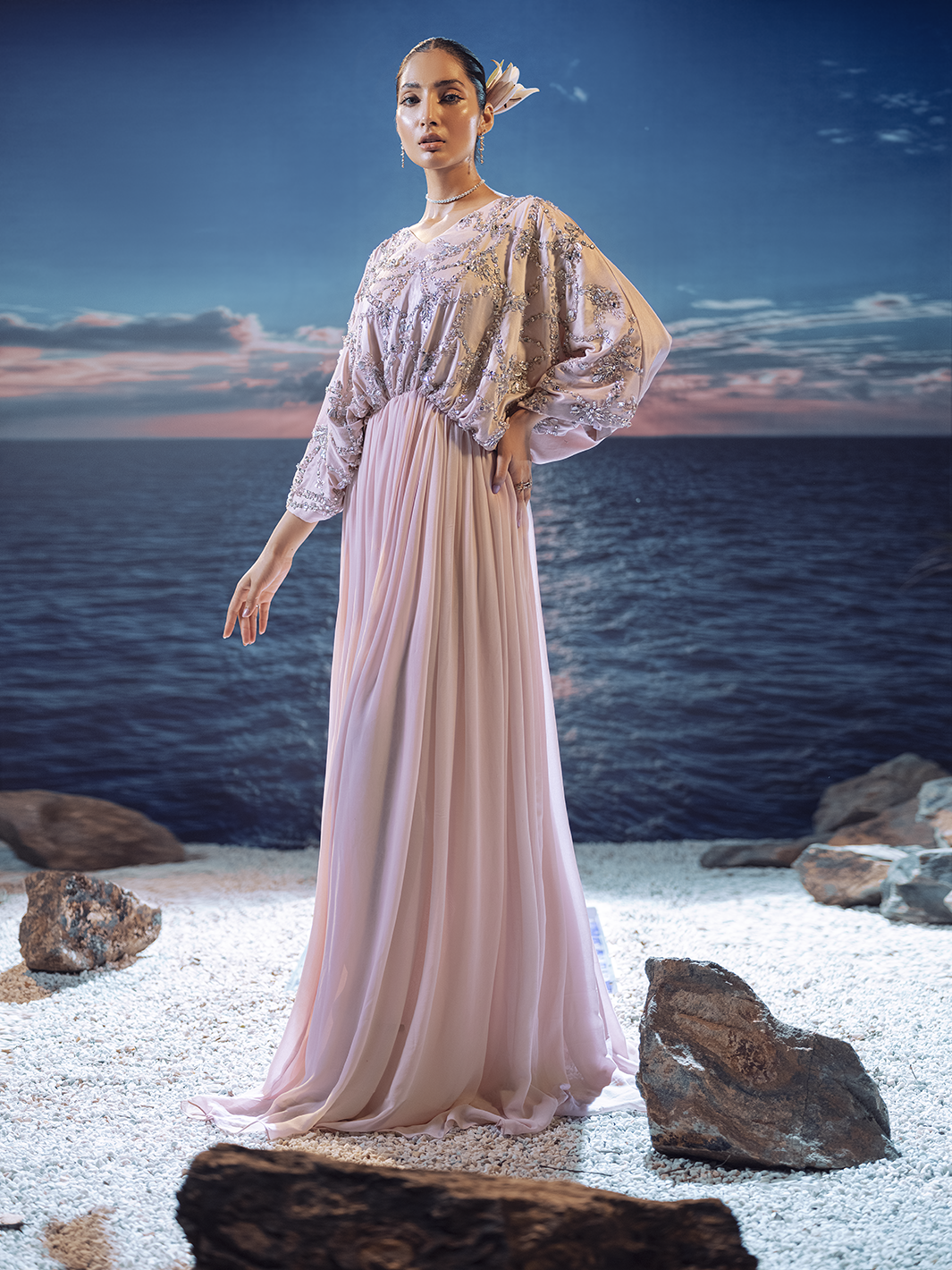 Powder Pink Swarovski Silk Chiffon Kaftan (1-Pc) - Image 3