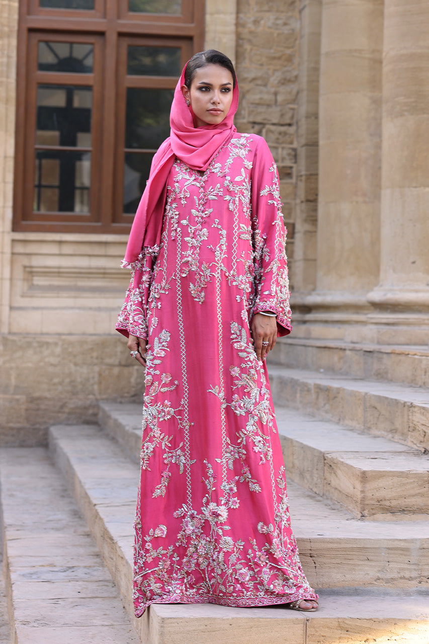 Pakistani Candy Pink Zardozi Raw Silk Kaftan (2-Piece) - Image 1