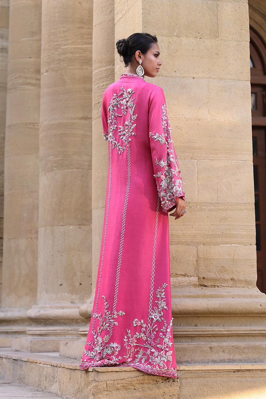 Pakistani Candy Pink Zardozi Raw Silk Kaftan (2-Piece) - Image 2