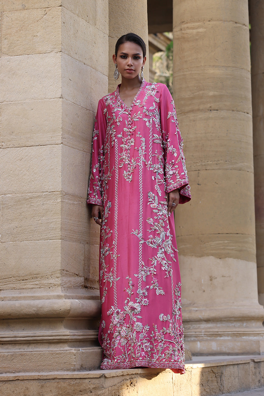 Pakistani Candy Pink Zardozi Raw Silk Kaftan (2-Piece) - Image 3