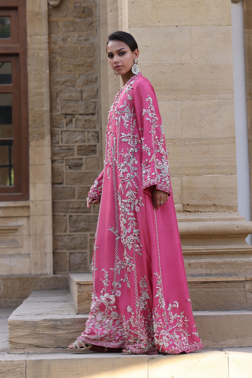 Pakistani Candy Pink Zardozi Raw Silk Kaftan (2-Piece) - Image 4