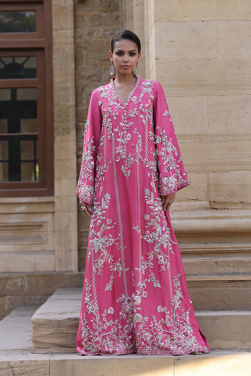 Pakistani Candy Pink Zardozi Raw Silk Kaftan (2-Piece) - Image 5