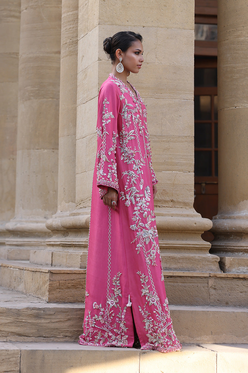 Pakistani Candy Pink Zardozi Raw Silk Kaftan (2-Piece) - Image 6