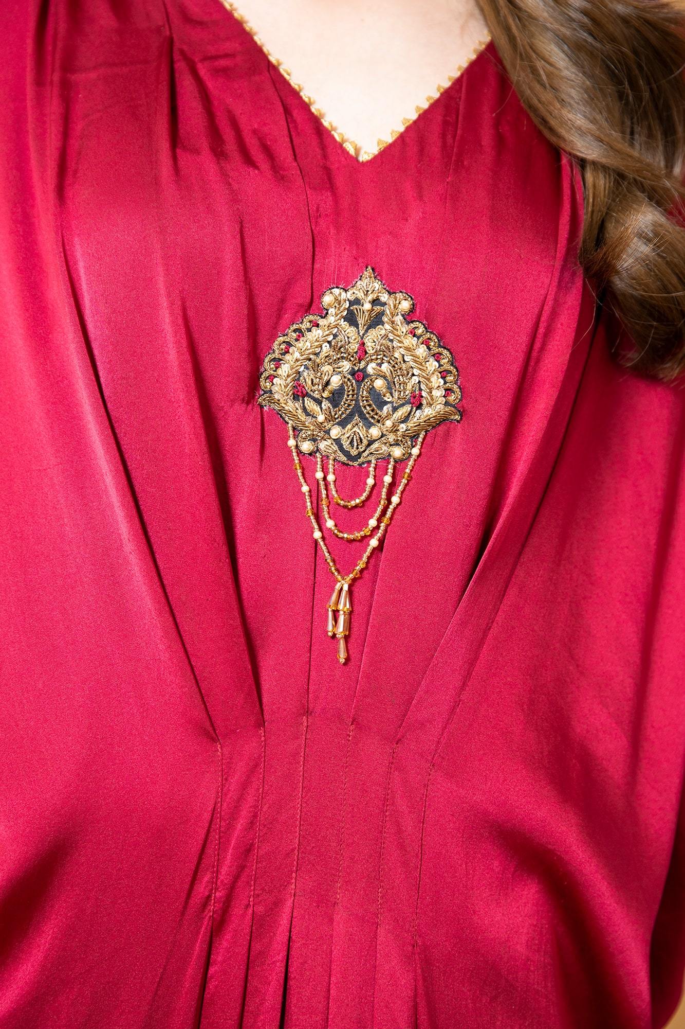 Pakistani Deep Pink Appliqued Satin Silk Kaftan (1-Pc) - Image 5