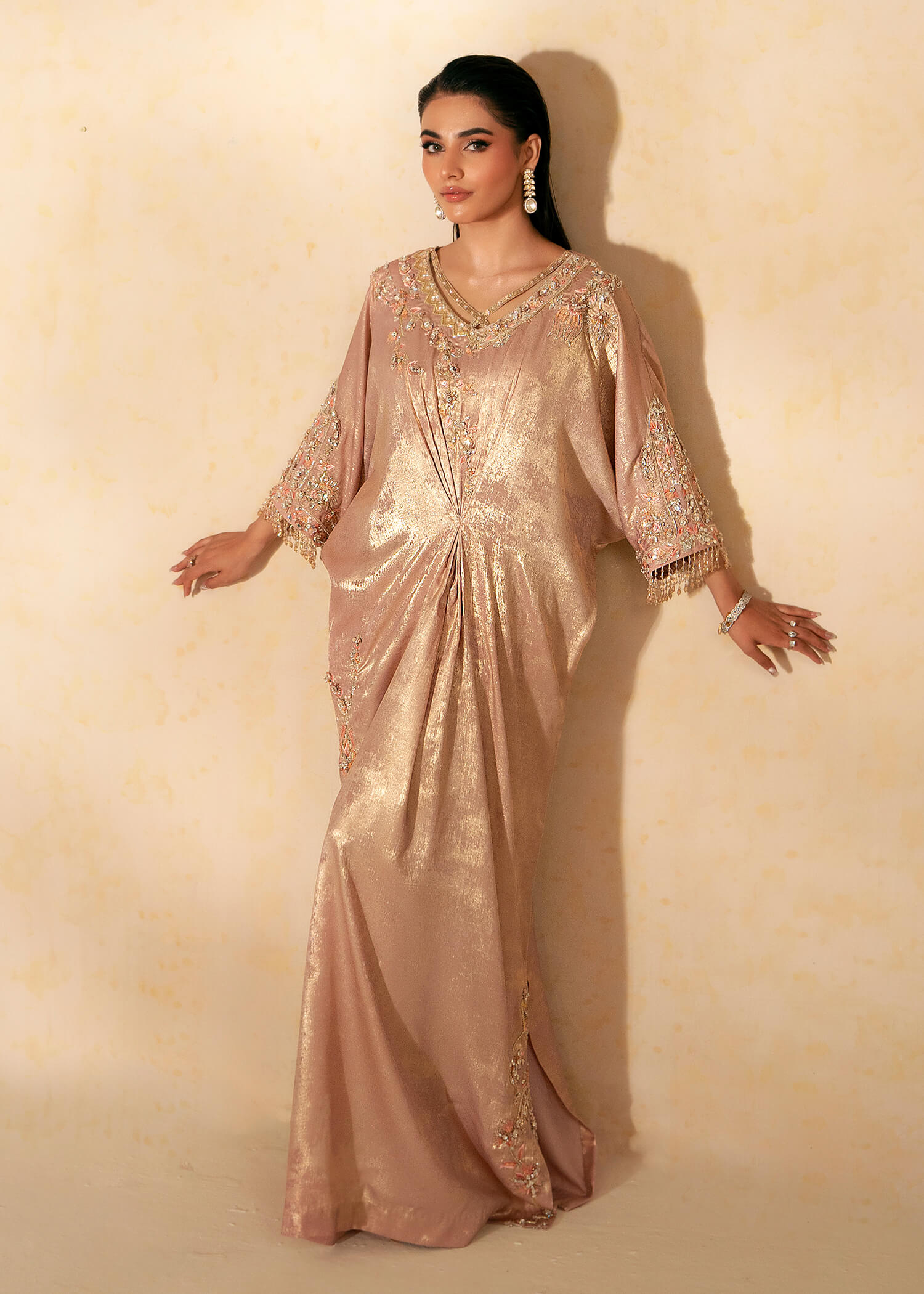 Pakistani Tea Pink Embroidered Shimmer Silk Kaftan (2-Piece) - Image 1