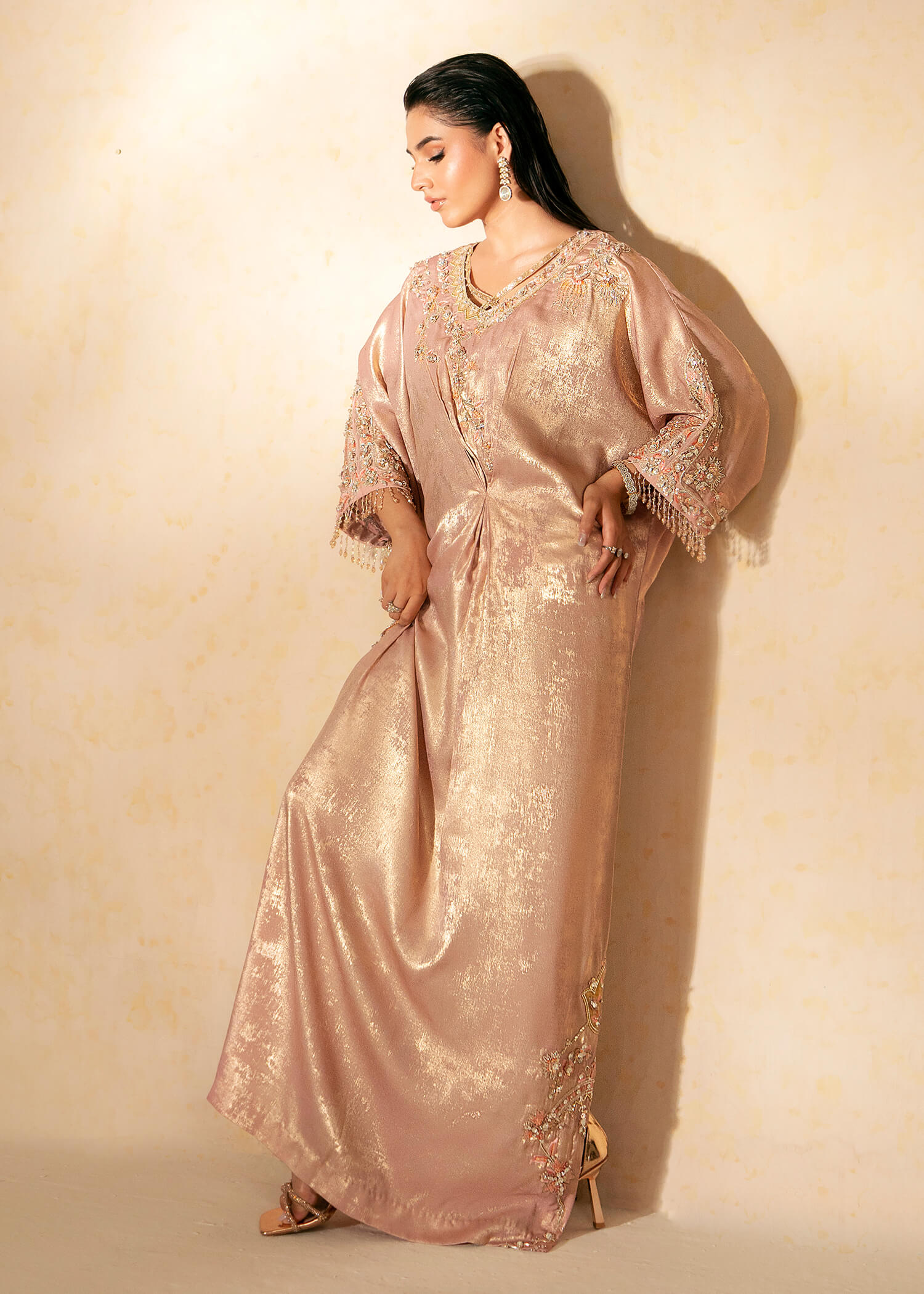 Pakistani Tea Pink Embroidered Shimmer Silk Kaftan (2-Piece) - Image 3