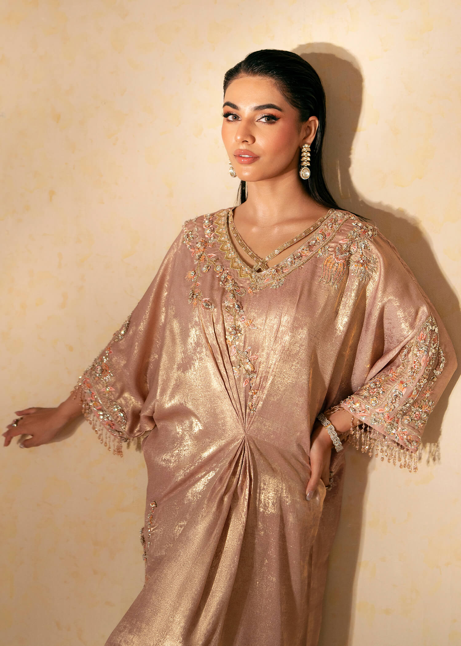 Pakistani Tea Pink Embroidered Shimmer Silk Kaftan (2-Piece) - Image 4