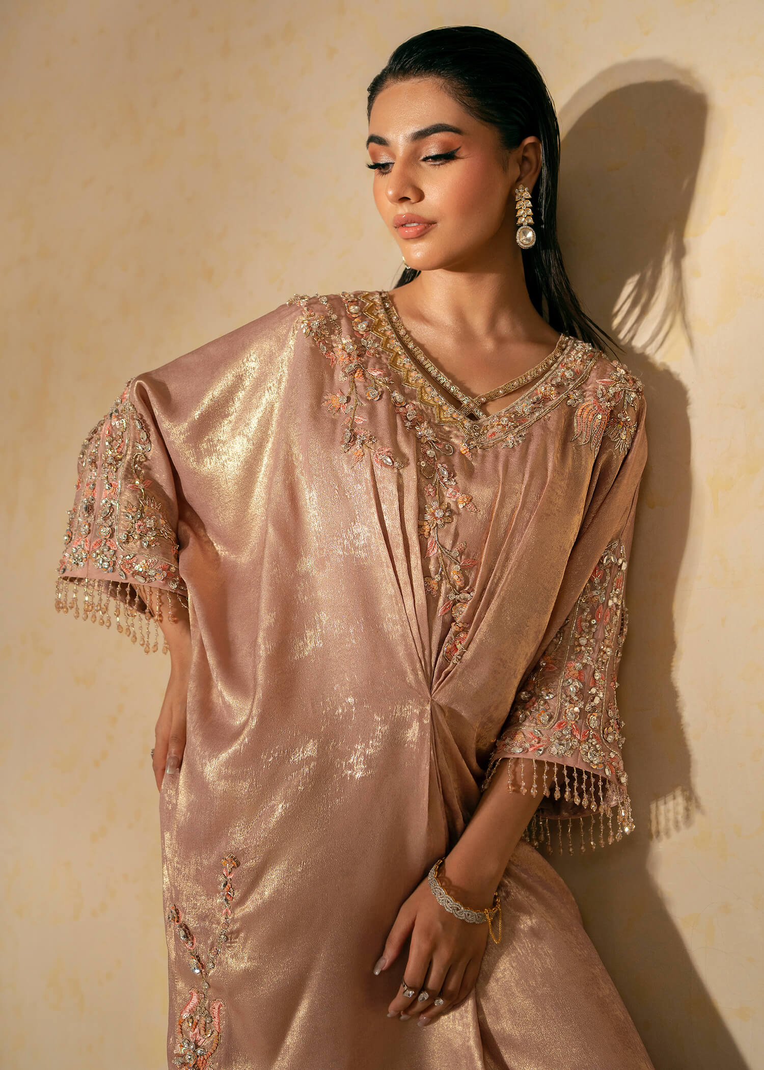 Pakistani Tea Pink Embroidered Shimmer Silk Kaftan (2-Piece) - Image 5