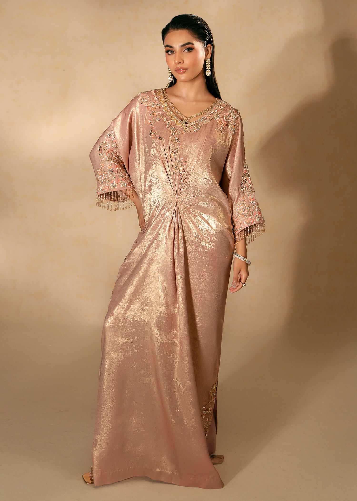 Pakistani Tea Pink Embroidered Shimmer Silk Kaftan (2-Piece) - Image 7