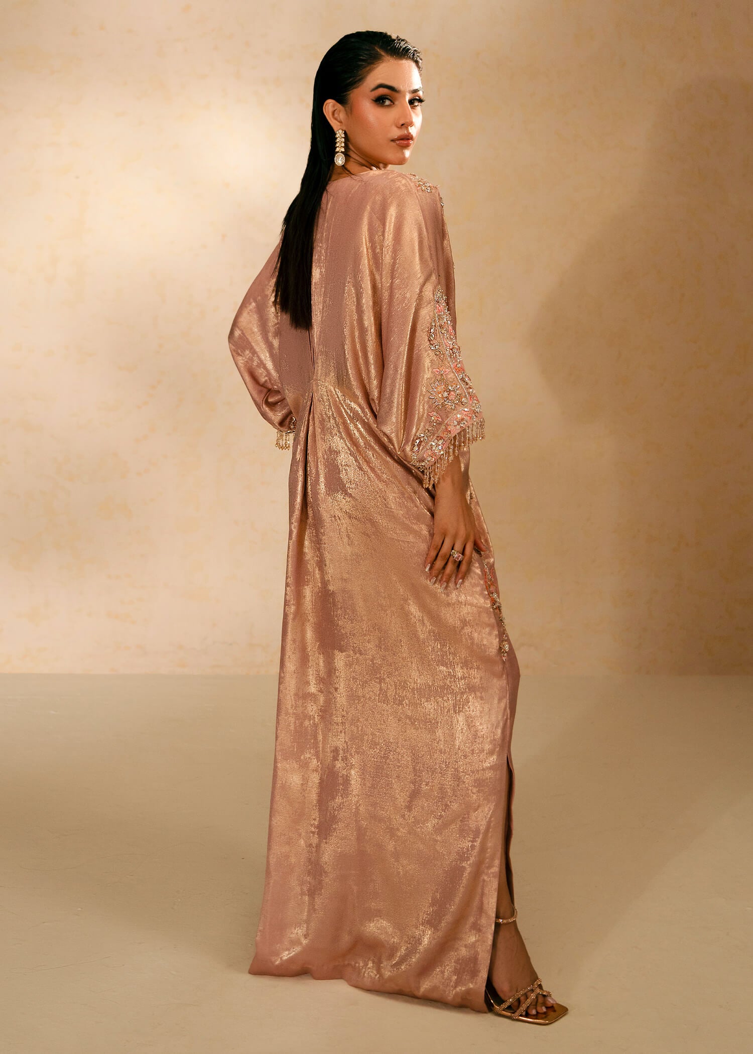 Pakistani Tea Pink Embroidered Shimmer Silk Kaftan (2-Piece) - Image 8