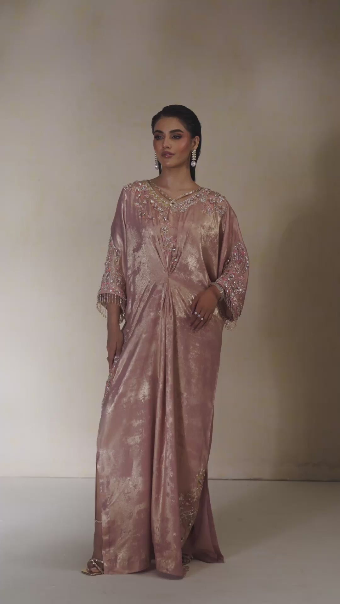 Pakistani Tea Pink Embroidered Shimmer Silk Kaftan (2-Piece) - Image 9