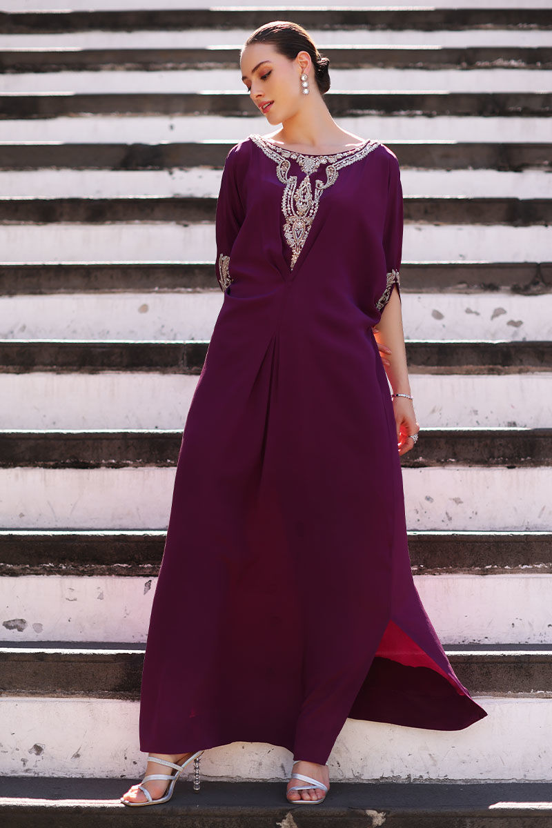 Cerise Pink Handworked Silk Kaftan (1-Pc) - Image 1