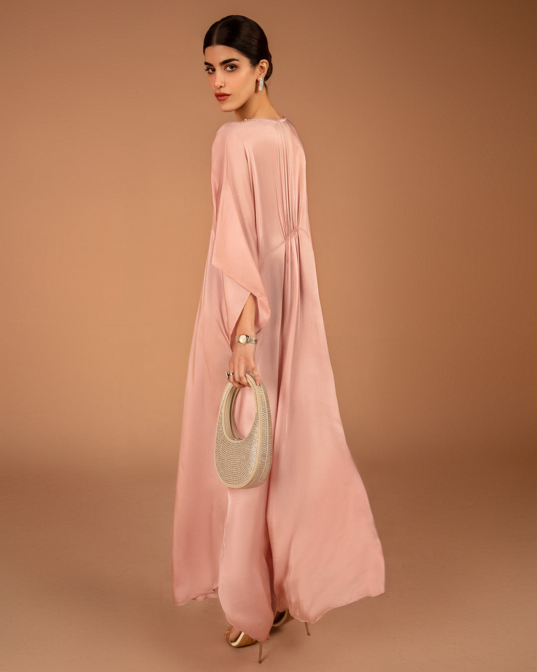 Pakistani Rose Pink Embellished Silk Kaftan (1-Pc) - Image 3