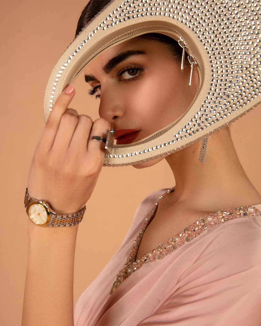 Pakistani Rose Pink Embellished Silk Kaftan (1-Pc) - Image 4