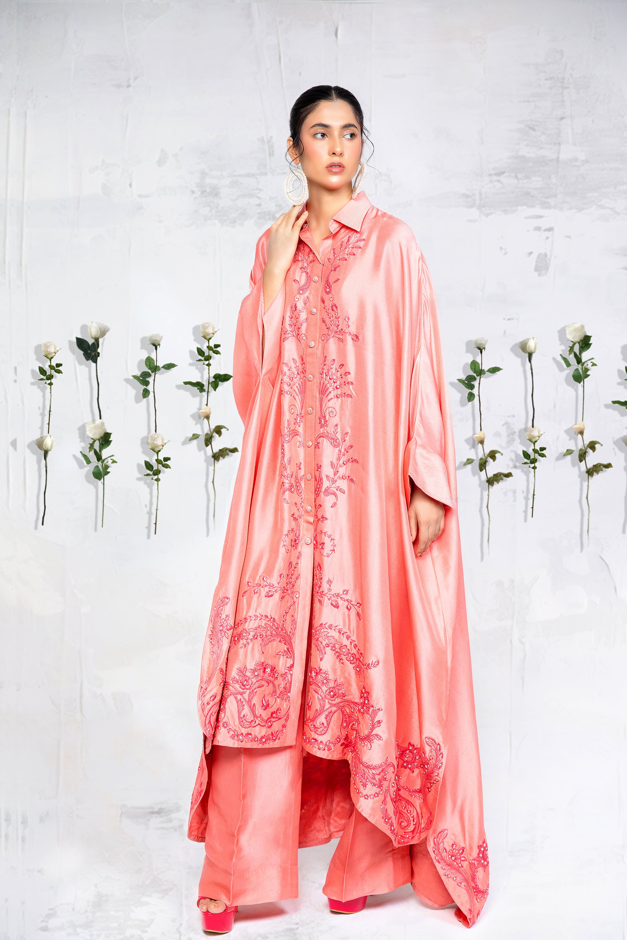 Blush Peach Embroidered Silk Kaftan (2-Piece) - Image 2
