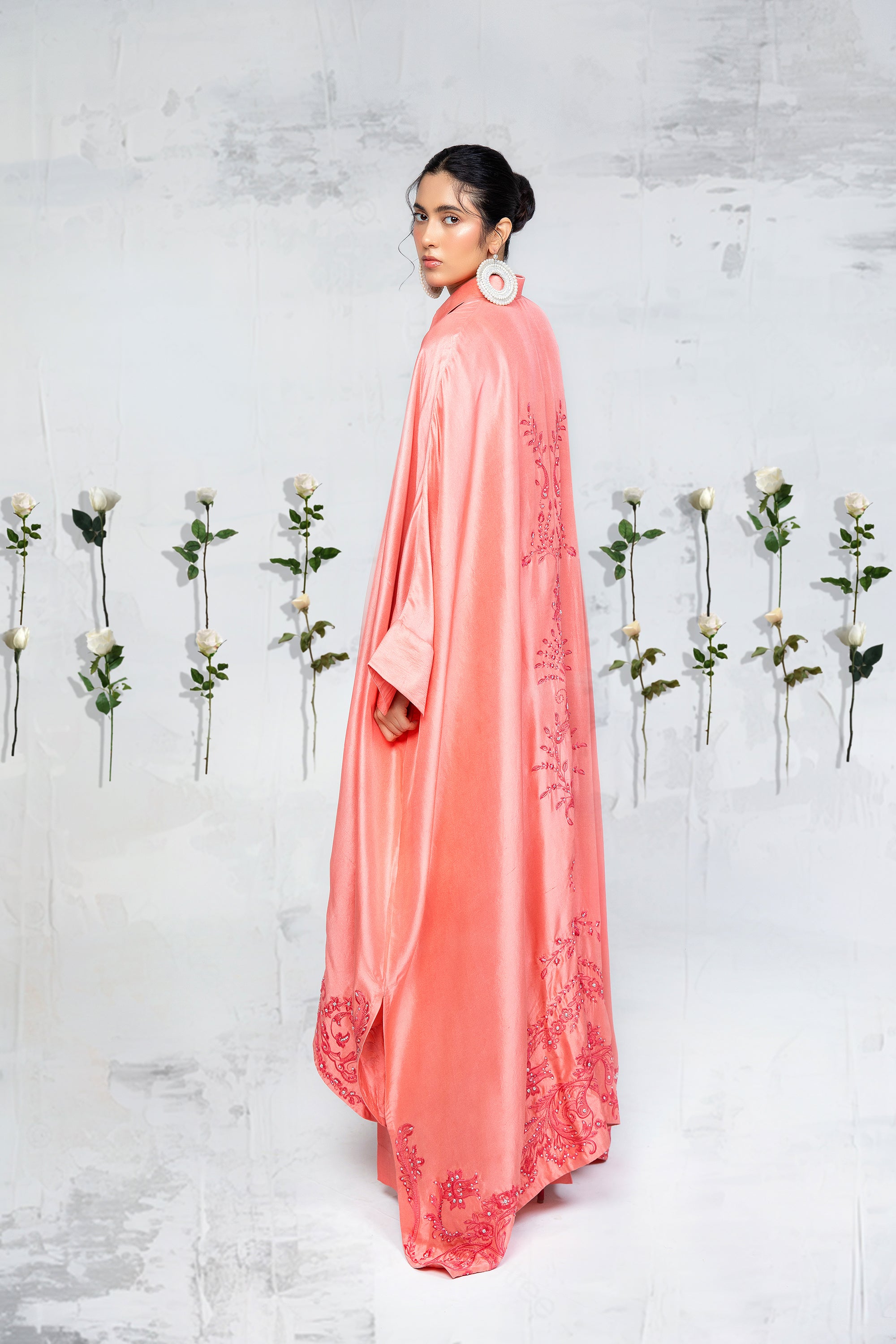 Blush Peach Embroidered Silk Kaftan (2-Piece) - Image 3