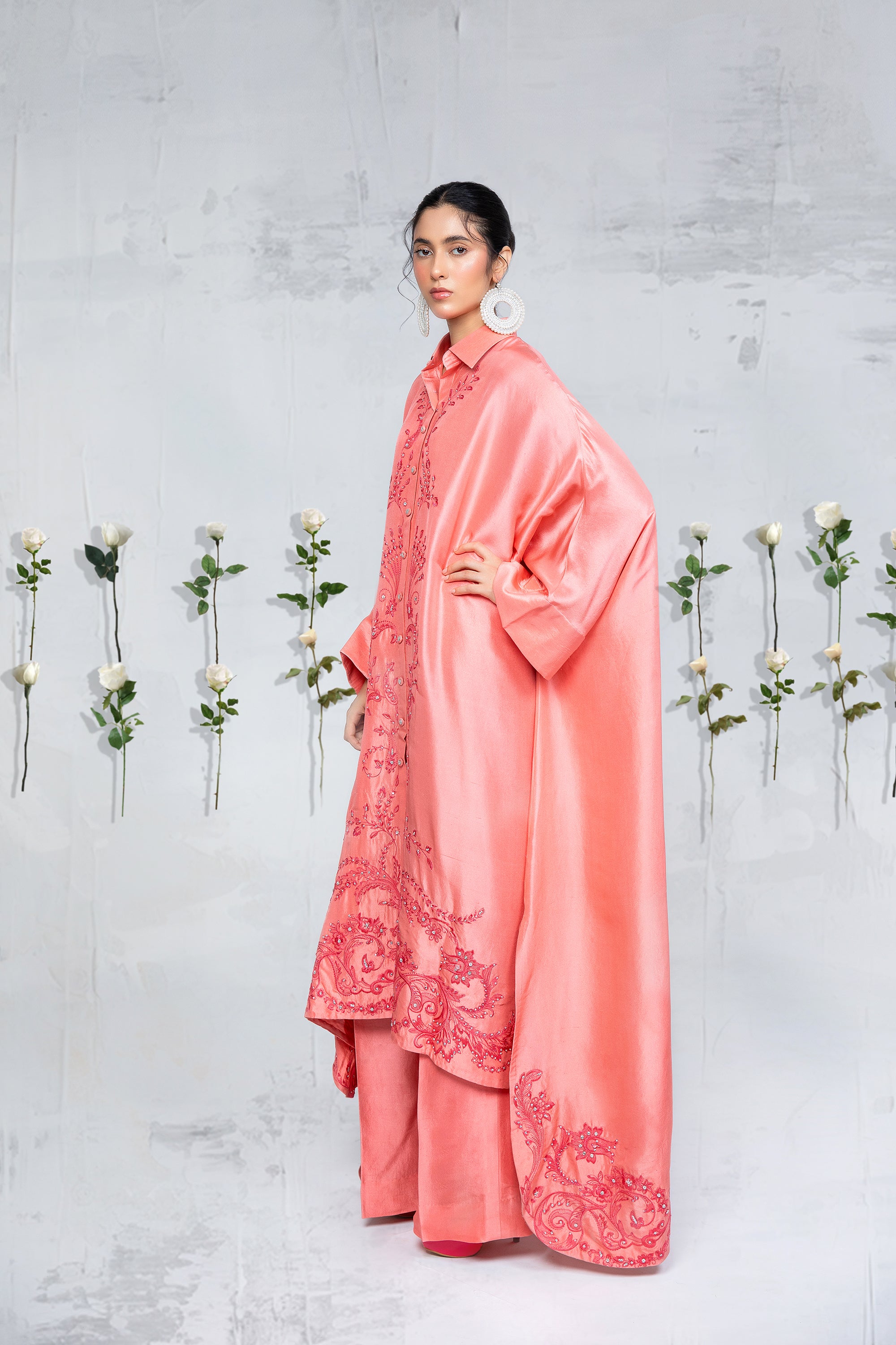 Blush Peach Embroidered Silk Kaftan (2-Piece) - Image 4