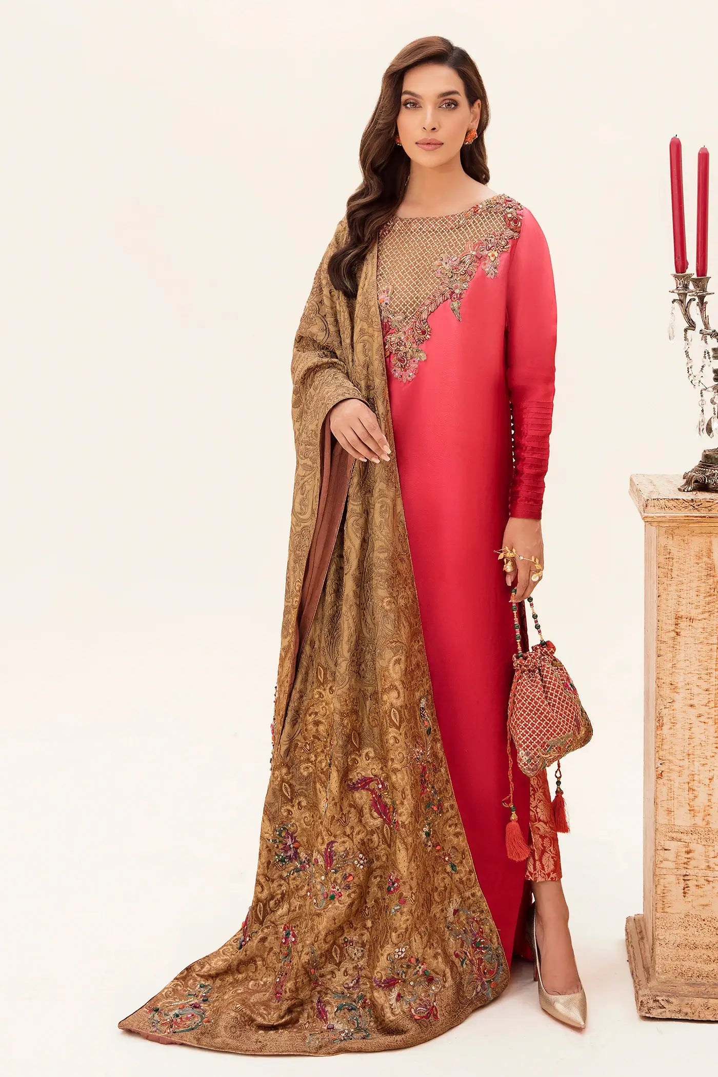 Coral Pink Embroidered Tissue Silk Kaftan (3-Piece) - Image 1