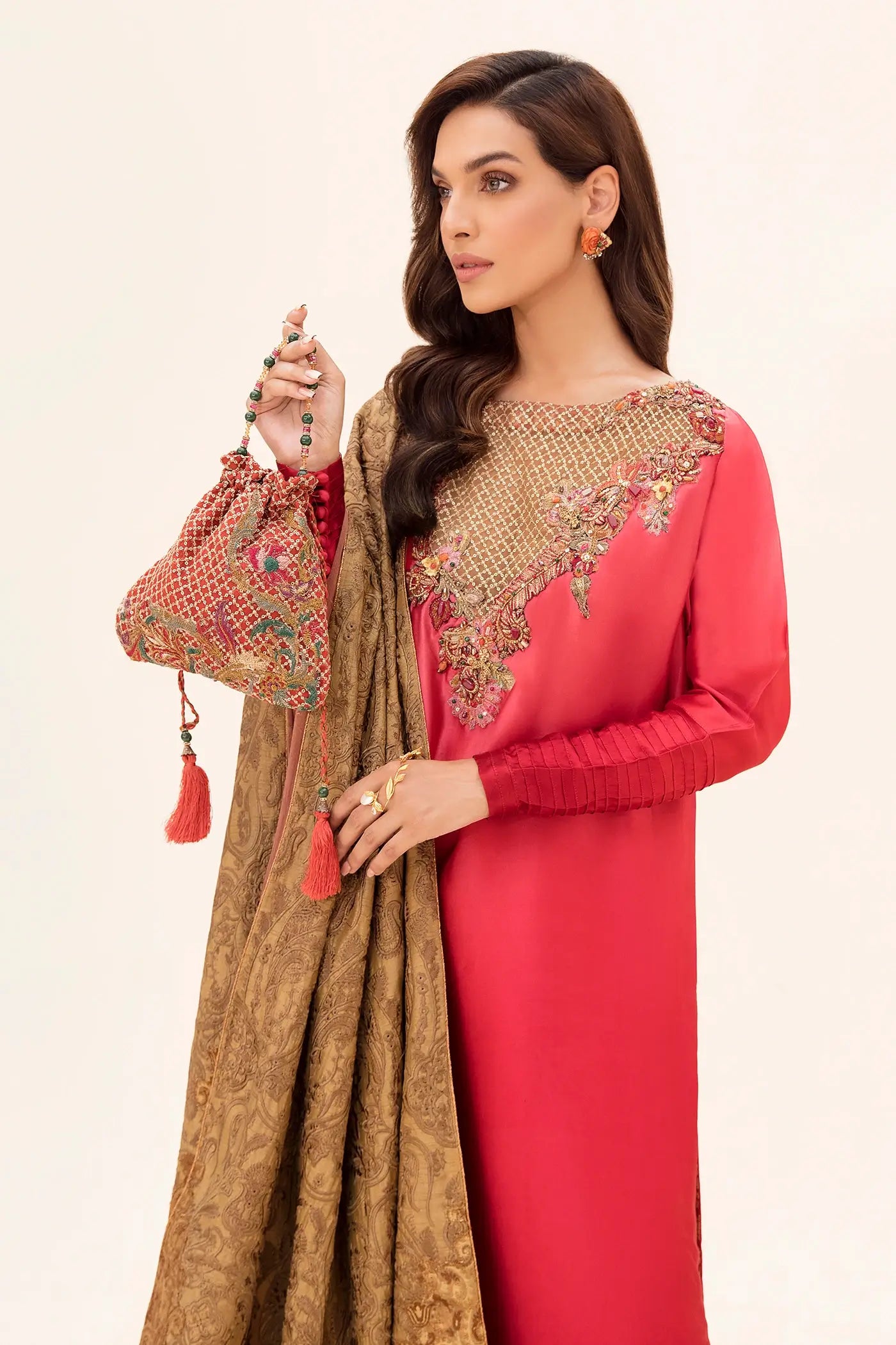 Coral Pink Embroidered Tissue Silk Kaftan (3-Piece) - Image 2