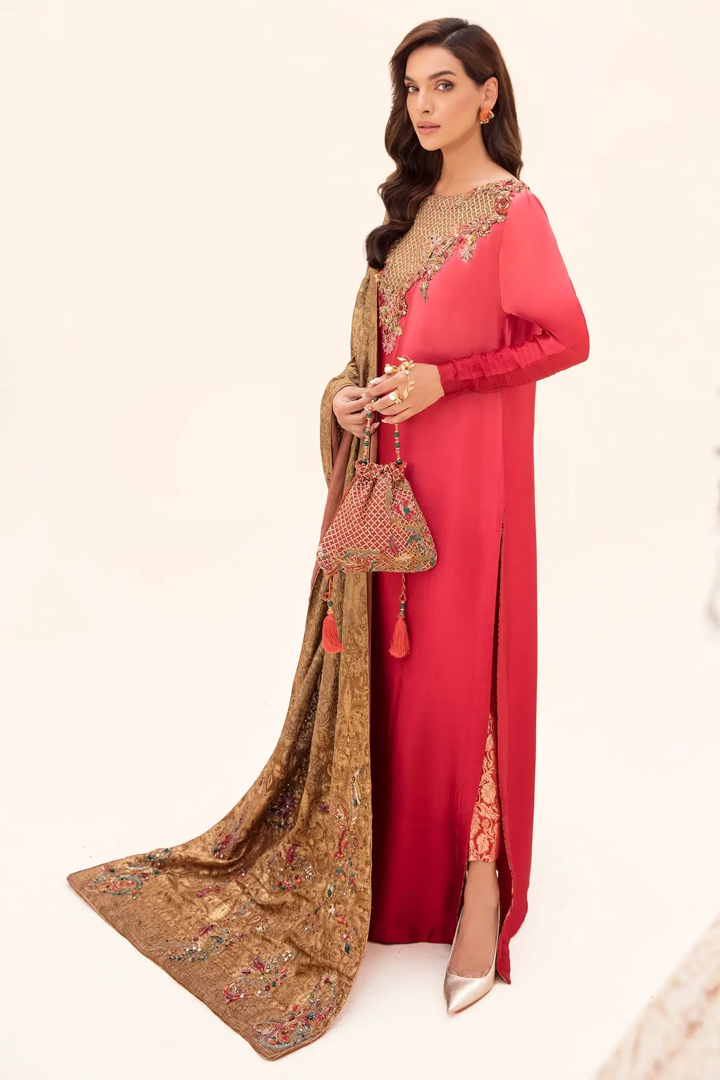 Coral Pink Embroidered Tissue Silk Kaftan (3-Piece) - Image 3