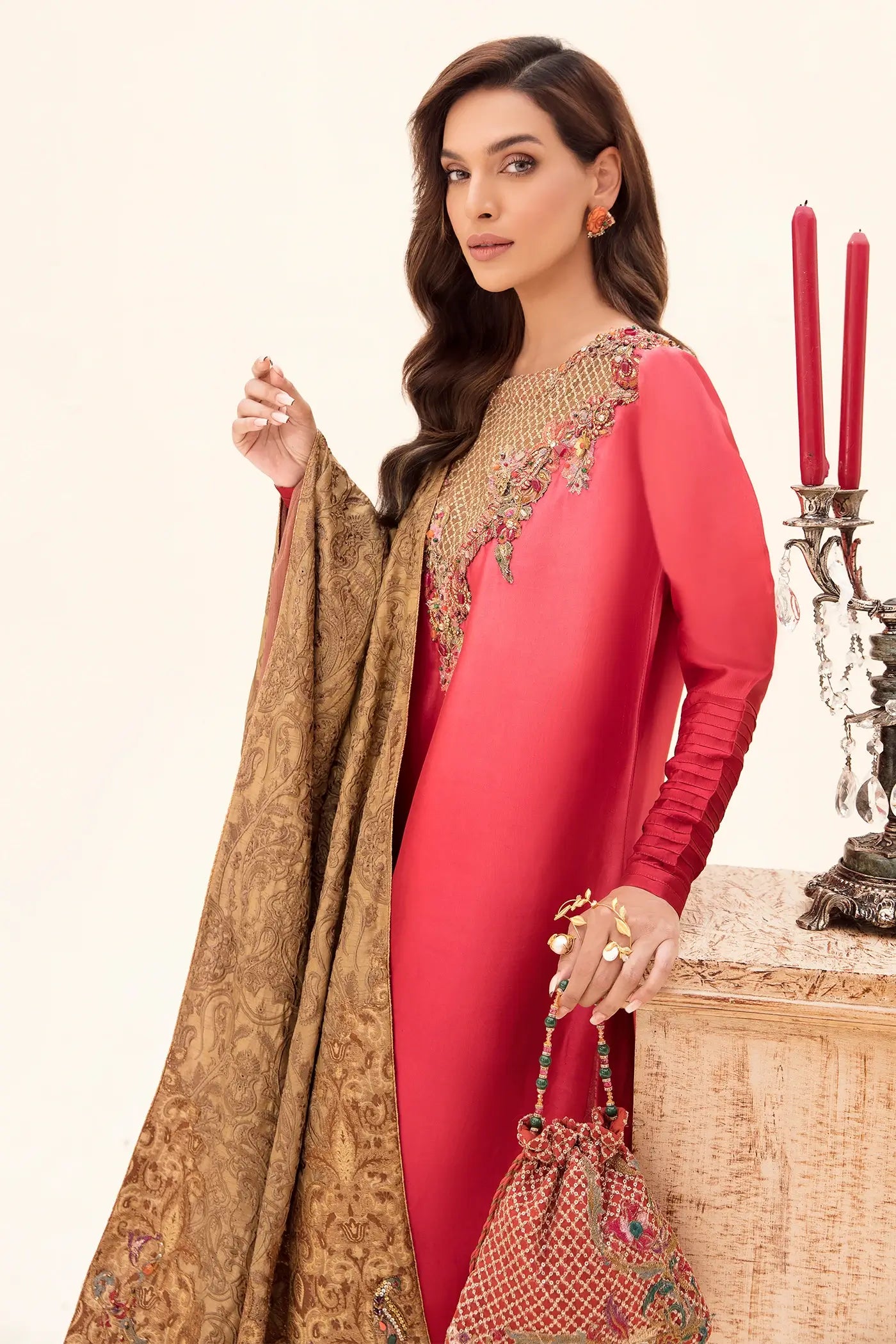 Coral Pink Embroidered Tissue Silk Kaftan (3-Piece) - Image 4