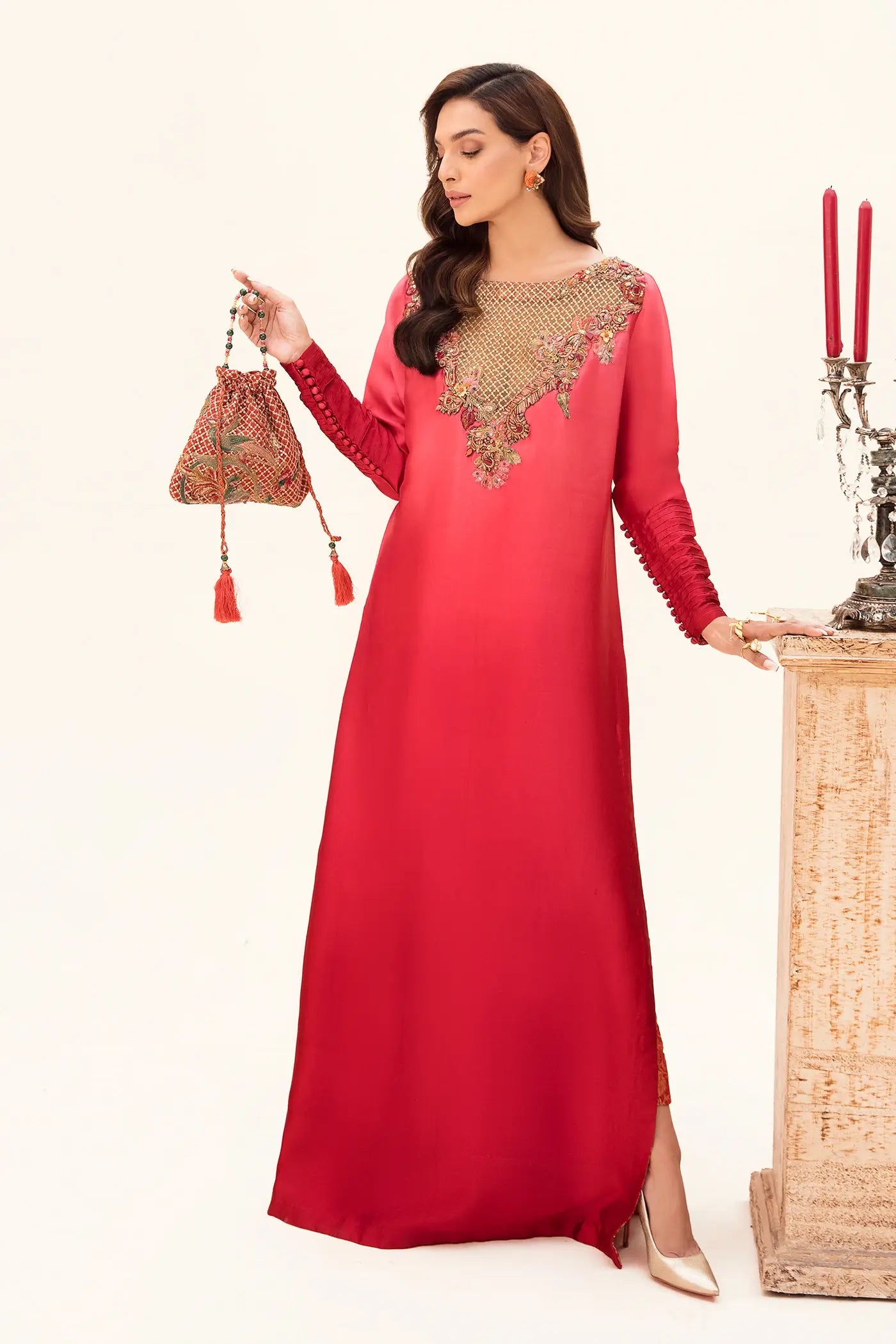 Coral Pink Embroidered Tissue Silk Kaftan (3-Piece) - Image 5