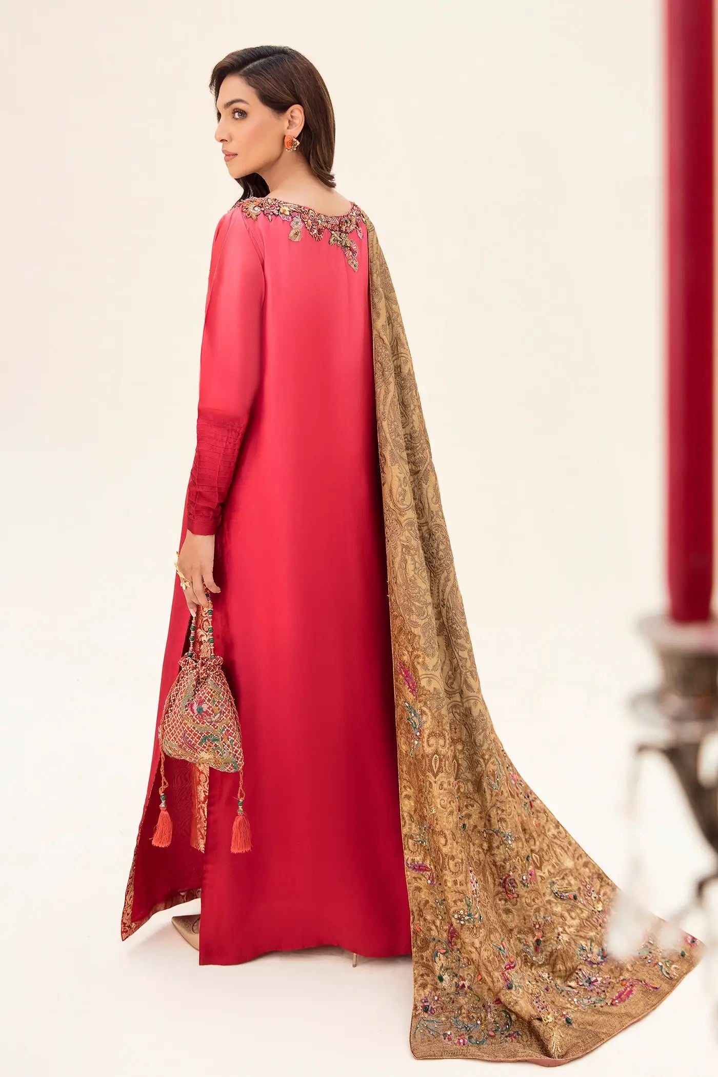 Coral Pink Embroidered Tissue Silk Kaftan (3-Piece) - Image 6