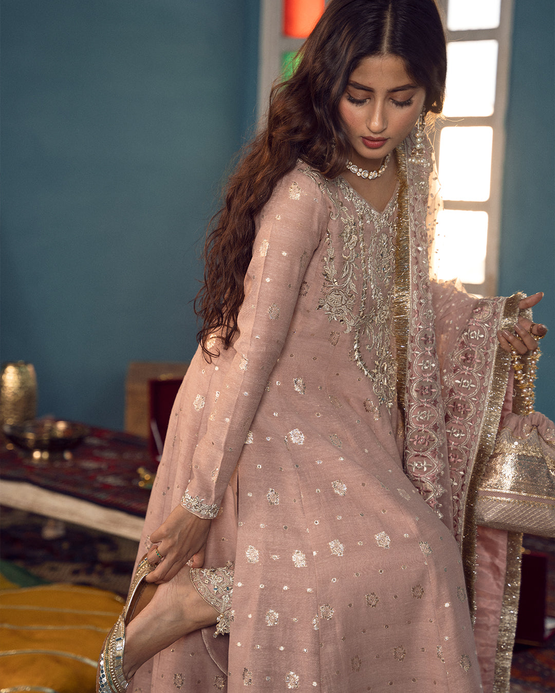 Soft Pink Embroidered Badla Karandi Kalidaar (3-Piece) - Image 4
