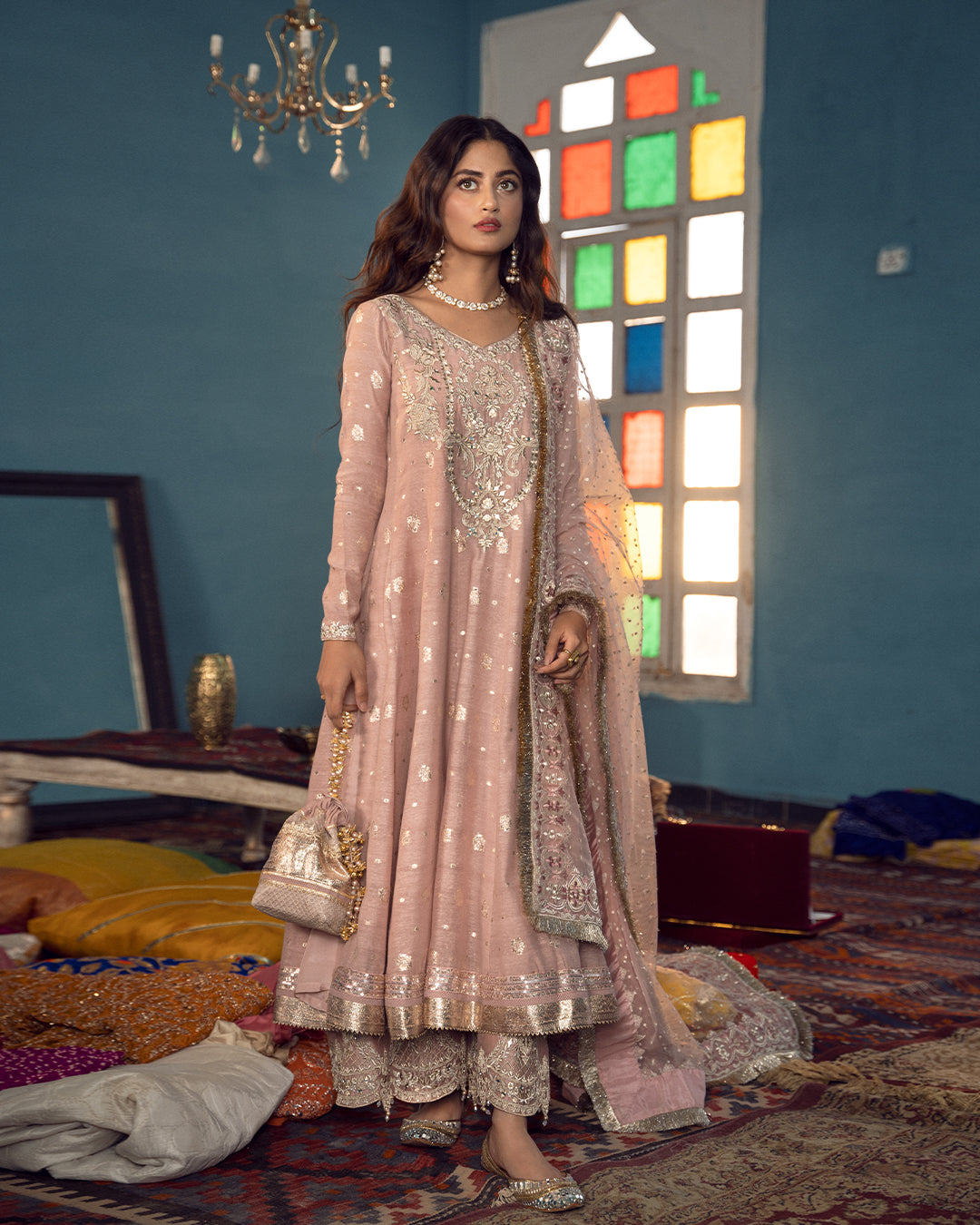 Blush Pink Embroidered Badla Karandi Kalidaar (3-Piece) - Image 1