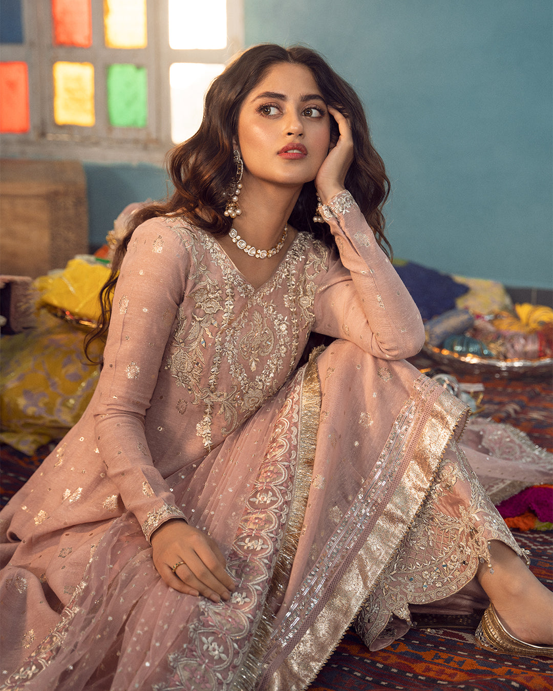 Blush Pink Embroidered Badla Karandi Kalidaar (3-Piece) - Image 5