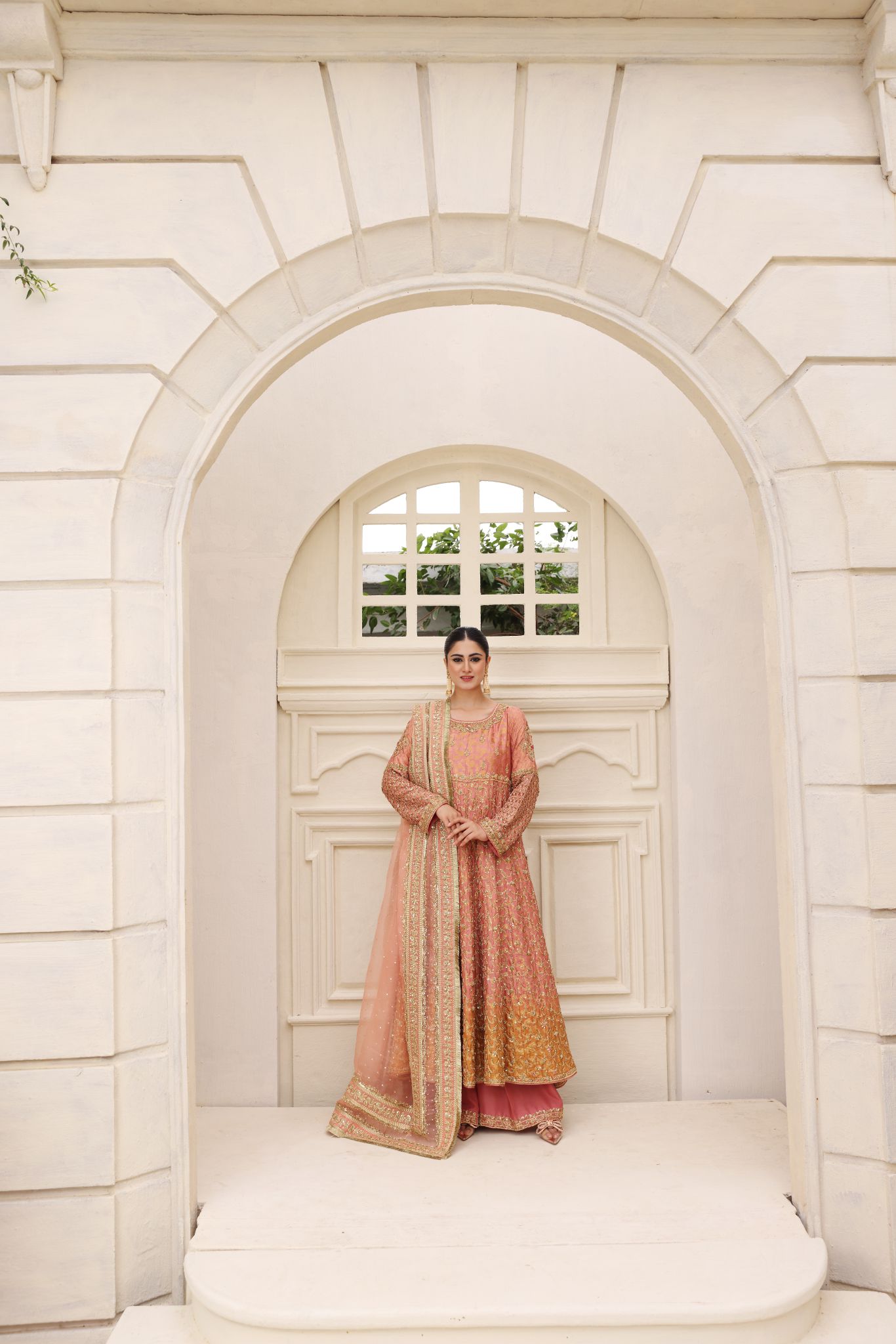 Pakistani Coral Gold Zardosi Banarsi Brocade Kalidaar (3-Piece) - Image 2