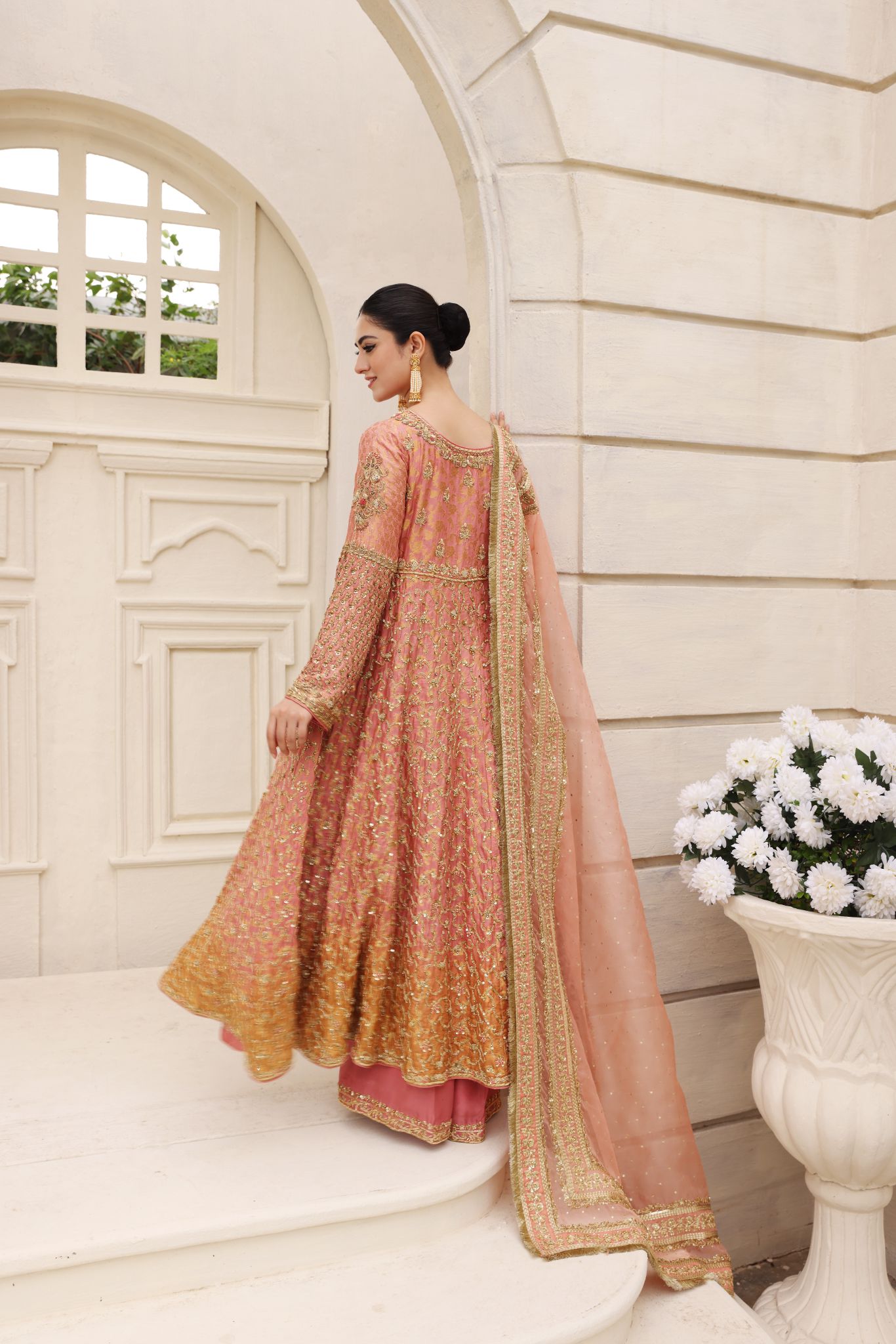 Pakistani Coral Gold Zardosi Banarsi Brocade Kalidaar (3-Piece) - Image 3