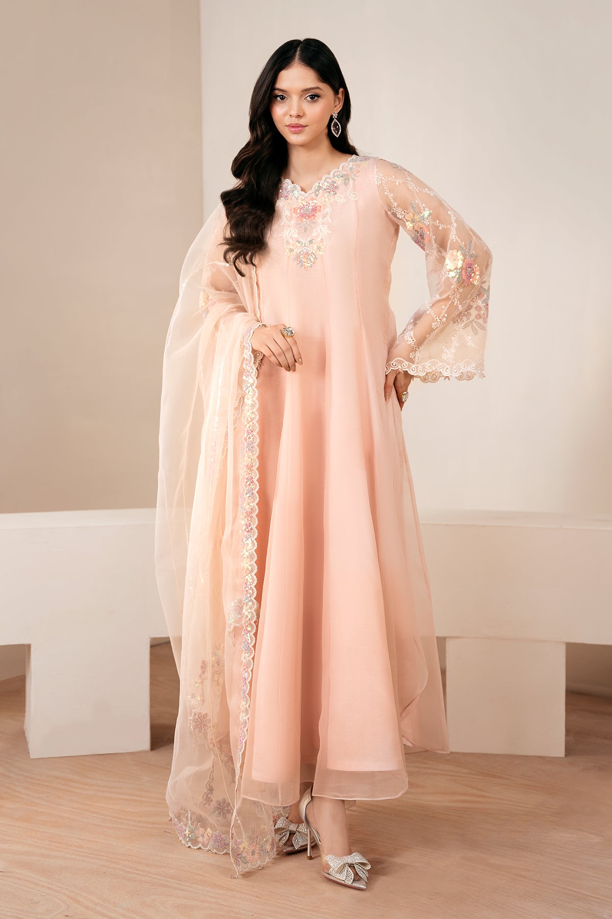 Peach Embroidered Chiffon Kalidar Dress (3-Piece) - Image 1