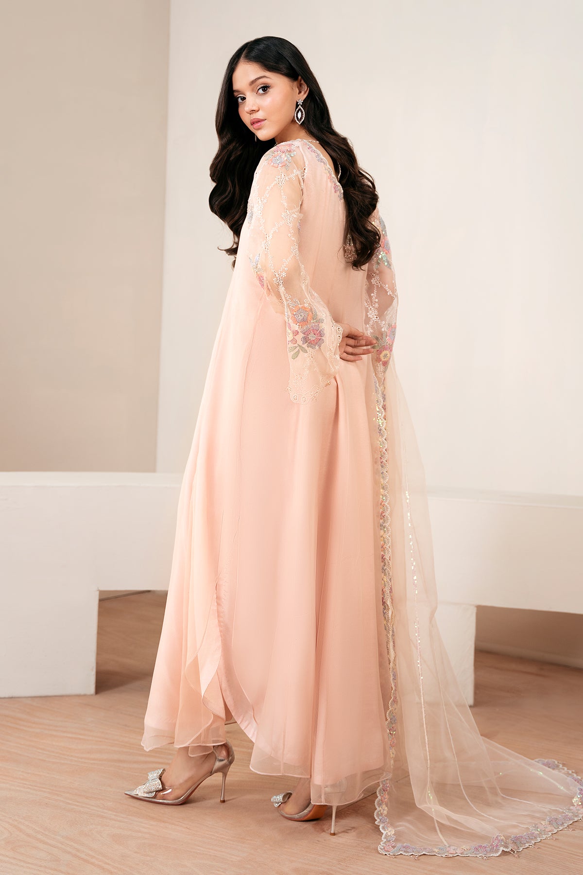 Peach Embroidered Chiffon Kalidar Dress (3-Piece) - Image 2