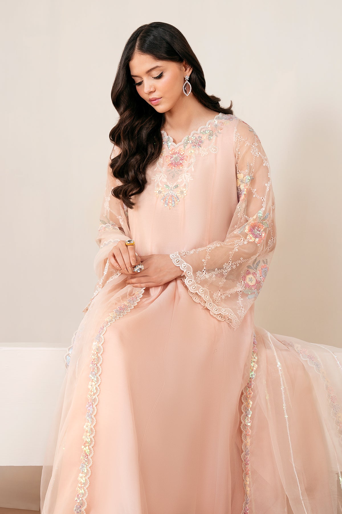 Peach Embroidered Chiffon Kalidar Dress (3-Piece) - Image 3